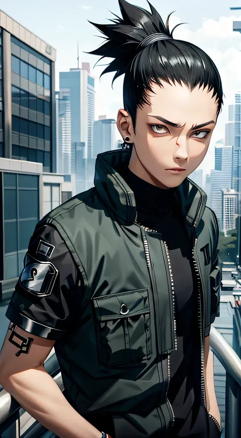 masterpiece, 1boy, superb style, cyberpunk style, streetwear clothes, outdoor, upper body, shikamaru nara, bright eyes, black ha...