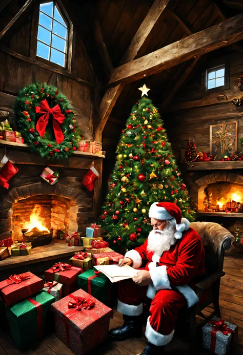 In a European style house,Santa Claus is looking at the gift list,Christmas Tree Gift Decoration, santa, cada,Robin,Christmas elements,European style,The flat is full of Christmas gifts,Very high resolution, traditional art, Studio Santa Claus, ultrahigh r...