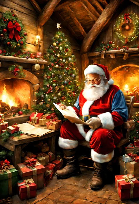 An illustration of Santa Claus in a European-style house, checking his gift list beside a Christmas tree with festive decorations, surrounded by Christmas elements and gifts. In the background, a rustic barn adds to the European charm. Artist inspiration: ...