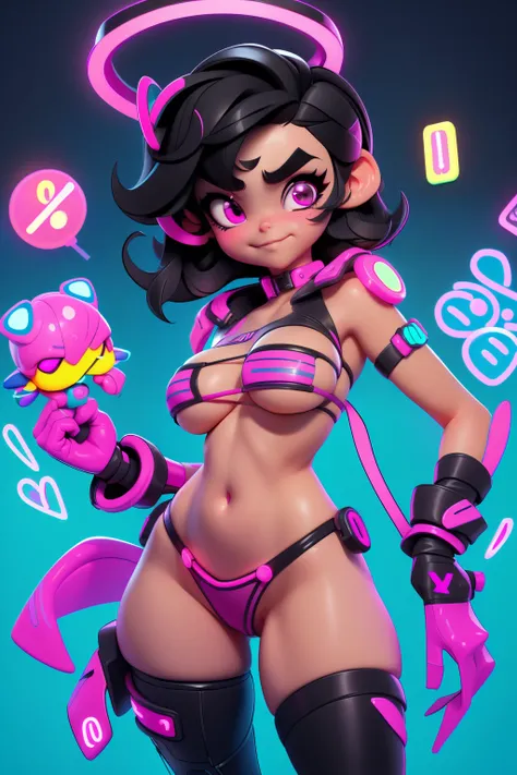 Create a half body shot voluptuous girl (((Sarah Hyland))) with very short hair, (((very short pixei black hair:1.7))), smilling, thick eyebrows, hacker, pale skin, wide voluptuous hips, (curvy chubby belly:1.5), ((robotic legs and thighs prostheses)), ((...