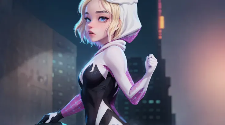 ghost spider, gwen in a black outfit with spider in the center of his chest in white, organic looking outfit, gooey forehead, symbiote, white eyes, fine art, ps5 cinematic screenshot,highly detailed detailed cinematic rendering, ultra photorealistic raytr...
