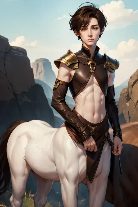 an androgynous female centaur. fantasy setting. very short hair. short manly haircut. dark-brown hair with a undercut. very pale...