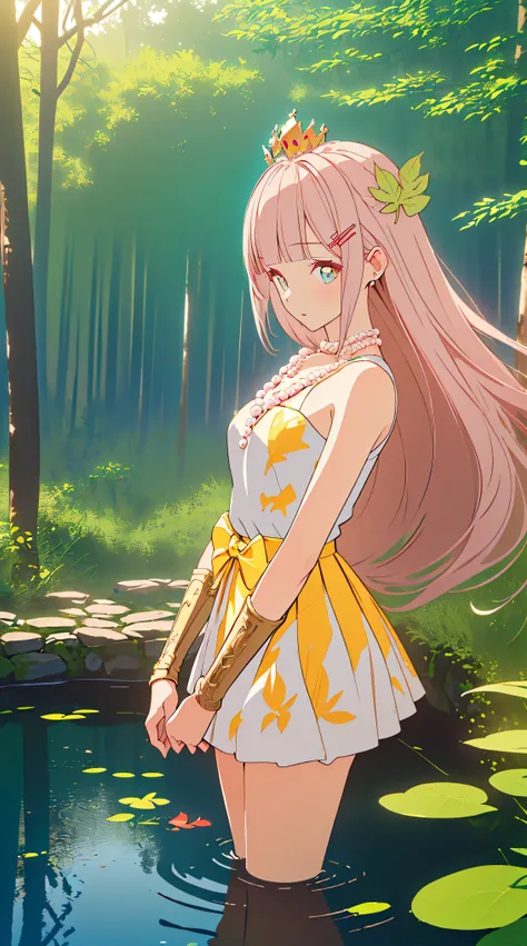 (((((Pearl pink hair,yellow choker,leaf crown))))),((((((En plein air,beautiful pond scenery, Mottled sunlight,)))))(((red bridal gloves,short red dress,Sleeveless douche))), (Geometric:1.1), ((mature,Amazing Cleavage,cute female child,Alone,cow boy shot,)...