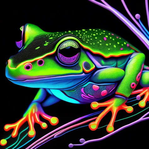 intricate and colorful, (digital painting:1.2) neon tree frog, bright neon skin, wet, portrait, concept art, octane render, tren...