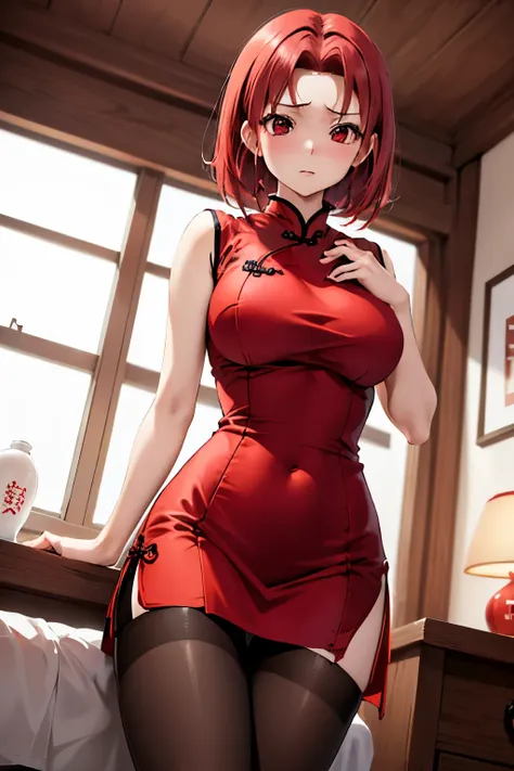 masutepiece, best quality, 1girl in, (karen),red color hair, (red eyes:1.2),((qipao dress))、((a miniskirt))、((embarassed express...