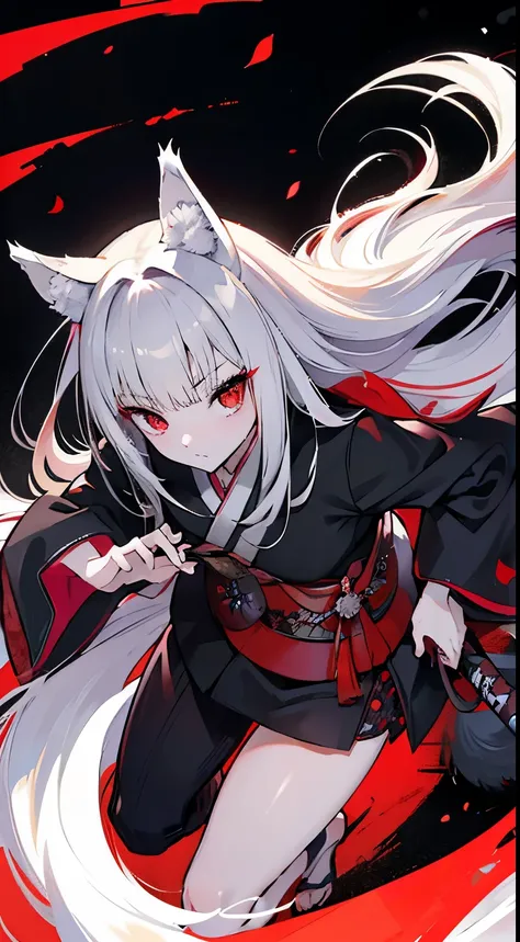 high quality, wolf ears,black kimono,white hair,long hair,bangss, seductive red eyes,a cool,samurai,a japanese style,battleing,h...