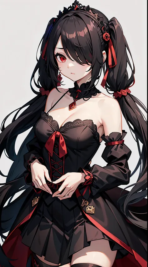 aakurumi, long hair, twintails, hairband, heterochromia, small mid breasts, cleavage, black choker, red ribbon, bare shoulders, ...