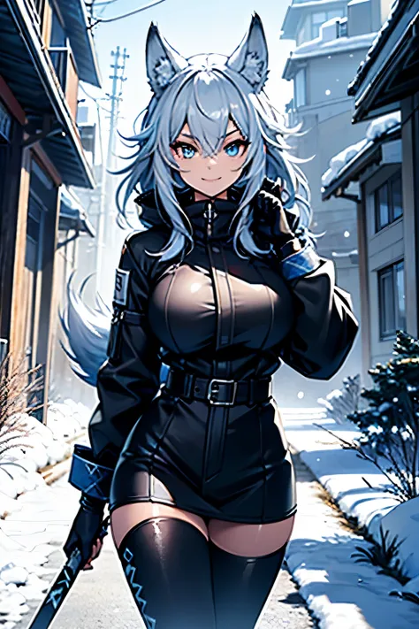 a young wolf girl with beautiful blue eyes, long white hair in a messy style, and prominent white wolf ears stands gracefully in...