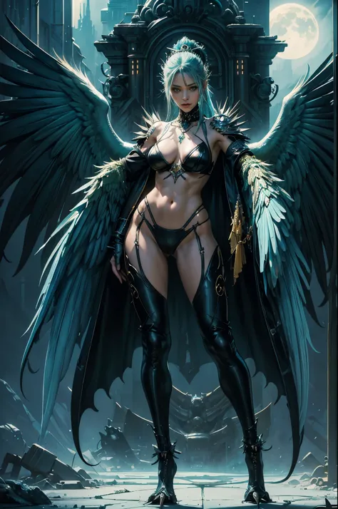 4k,hight resolution,one woman,harpy,lightblue hair,long ponytail,huge tit,large white wings,orange claws,a queen,the queen's tia...