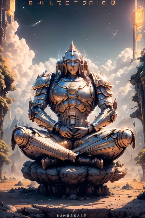 "((Enlightened Buddha)) meditating in (ancient) serenity, (lotus position) amidst a surreal landscape of ethereal clouds, wearing an intricately detailed ((space Marine Armor)), a harmonious blend of spiritual wisdom and futuristic strength, golden hour am...