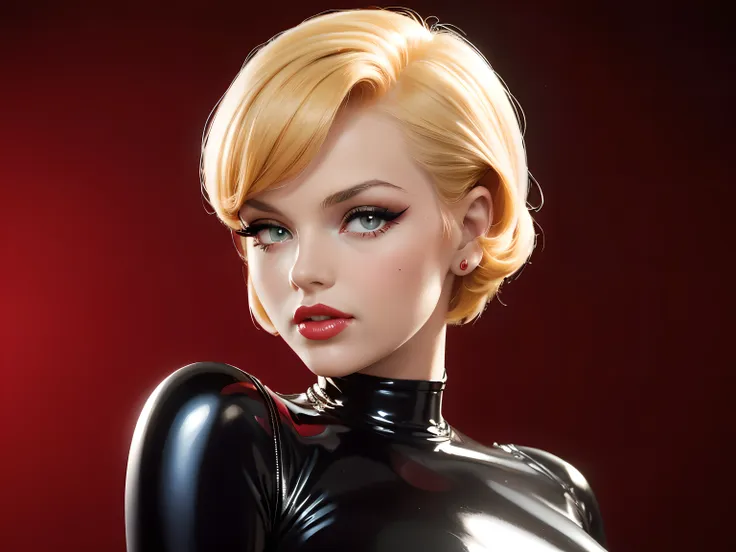 (((masterpiece))) redhead woman with short hair in (((dressed in 1950's or 1960's pulp sci fi costume, spy look, black and white...