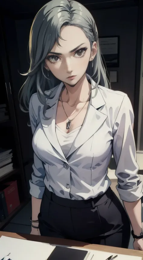 (((masterpiece))) sae niijima, wearing an office lady suit, long pants, in an office, standing, serious looks, bright