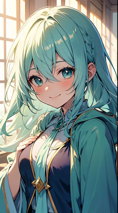 [[[ ultra-detailed, best quality, soft skin, beautiful]]], portrait, green viridian eyes, white hair with shades of blue, undine...