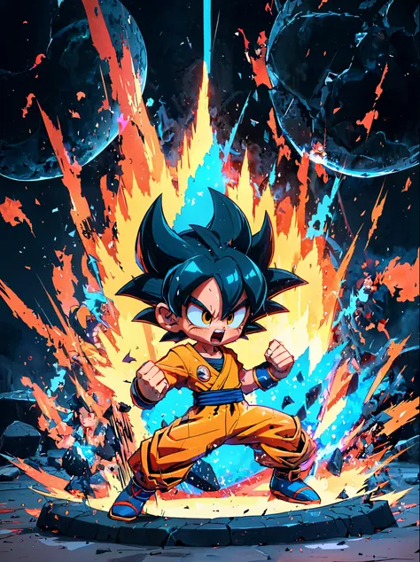 goku chibi chara,fighting pose,battlefield,vegeta,piccolo,detailed eyes,detailed lips,extremely detailed eyes and face,long eyel...