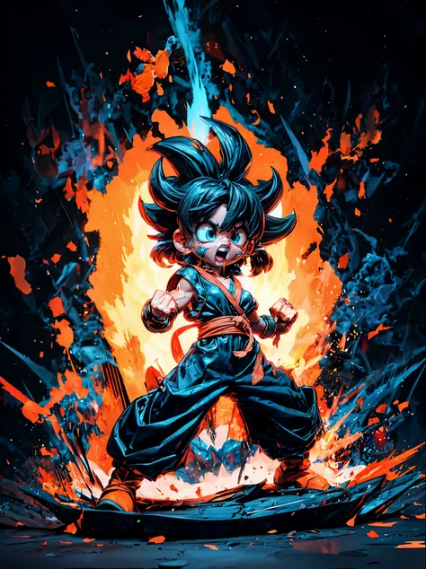 goku chibi chara,fighting pose,battlefield,vegeta,piccolo,detailed eyes,detailed lips,extremely detailed eyes and face,long eyel...