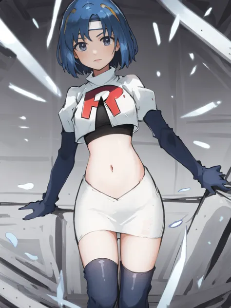 catria_echoes, 1girl, solo, short hair, zettai ryouiki, headband, team rocket,team rocket uniform, red letter R, white skirt,white crop top,black thigh-highs,black elbow gloves,