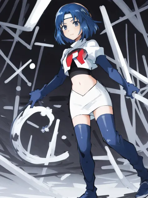 catria_echoes, 1girl, solo, short hair, zettai ryouiki, headband, team rocket,team rocket uniform, red letter R, white skirt,white crop top,black thigh-highs,black elbow gloves,