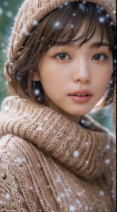 in the snowy forest, japanese woman, (pink knit sweater:1.3), snowing, pupils sparkling, brown short hair, big breast, realistic...