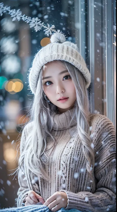 stand in front of the christmas show window, japanese woman,  (knit sweater:1.3), snowing, pupils sparkling, silver long hair, d...