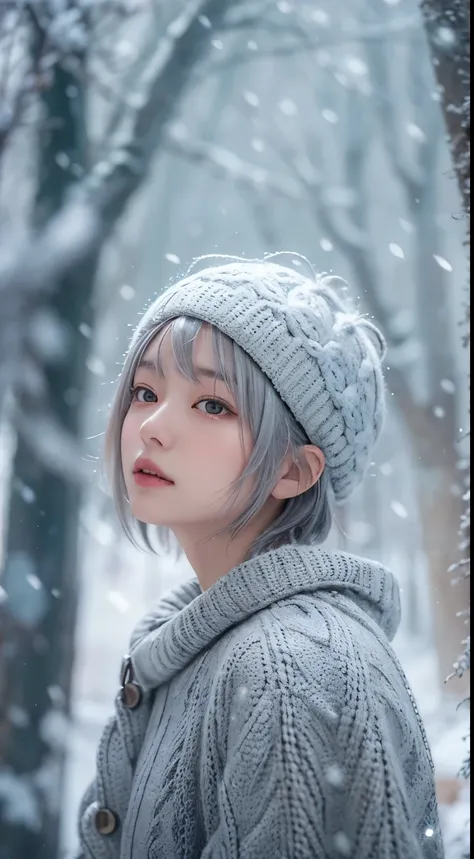 in the snowy forest, japanese girl, knit sweater, snowing,pupils sparkling, silver short hair, realistic portrait, depth of fiel...