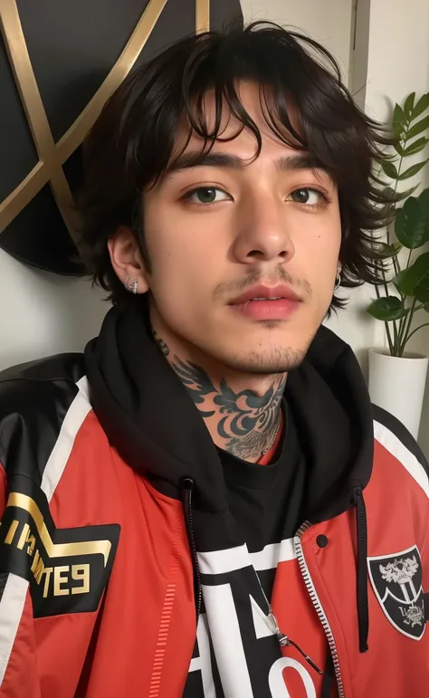 taehyung from bts with tattoo on his neck and jacket, lil peep, inspirado por oliver sykes, estilo de seb mckinnon, ele tem cabe...