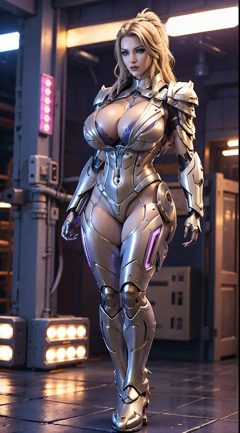 a woman, beautifull face, huge boobs, rgb, white, gold, purple, mecha armor full suit, (cleavage), transparant, tall legs, stand...