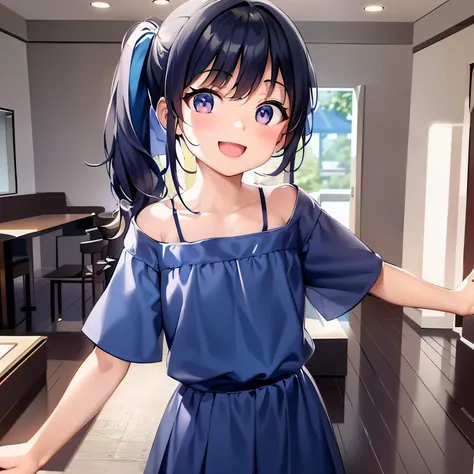 running, spread arms, side ponytail, masterpiece、top-quality、 5-year-old girl、child, Wearing a blue blouse、Wearing a white skirt、open mouth, (smile:1.3)、(Staring:1.5)、is standing、The background is a hotel suite、Bold composition、Upper body is shown、Alone、