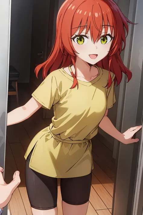 Room, 1 girl, best quality, ultra high res, long hair, red hair, green eyes, yellow shirt, short sleeves, bike shorts, looking at viewers, small breast, standing, pov, slim body, loli body, small body, smile, open mouth,