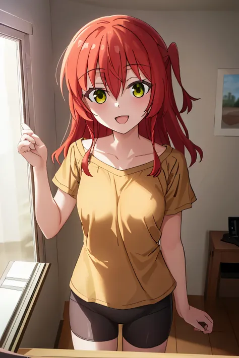 Room, 1 girl, best quality, ultra high res, long hair, red hair, green eyes, yellow shirt, short sleeves, bike shorts, looking at viewers, small breast, standing, pov, slim body, loli body, small body, smile, open mouth