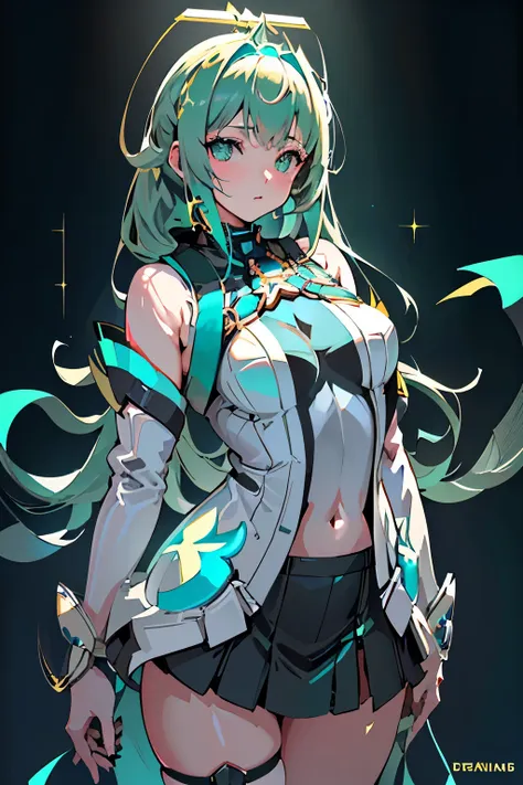 anime, girl, (((1girl))), (((waifu, xenoblade chronicles 2, pneuma waifu))), techwear, (((seafoam green hair, long hair))), ((se...