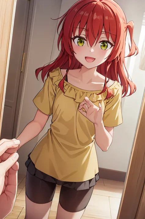 Room, 1 girl, best quality, ultra high res, long hair, red hair, green eyes, yellow shirt, short sleeves, bike shorts, looking at viewers, small breast, standing, pov, slim body, loli body, small body, smile, open mouth