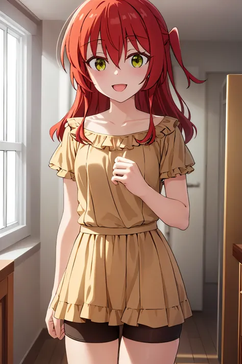 Room, 1 girl, best quality, ultra high res, long hair, red hair, green eyes, yellow shirt, short sleeves, bike shorts, looking at viewers, small breast, standing, pov, slim body, loli body, small body, smile, open mouth