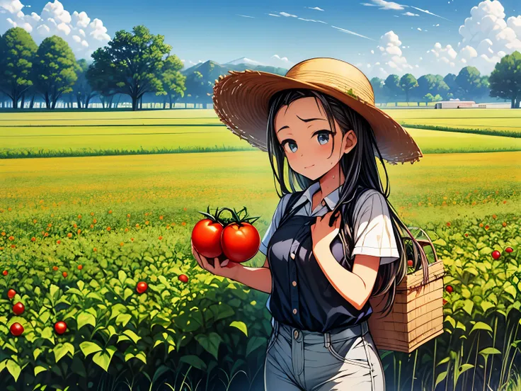 image depicting farm life, with a girl tending to a tomato field. She wears work clothes and a straw hat, with sweat on her forehead, symbolizing the effort of working under the sun. She holds a tomato, with a field of ripe, red tomatoes around her. The ba...