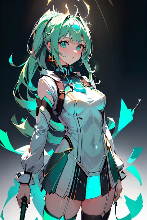 anime, girl, (((1girl))), (((waifu, xenoblade chronicles 2, pneuma waifu))), techwear, (((seafoam green hair, long hair))), ((se...