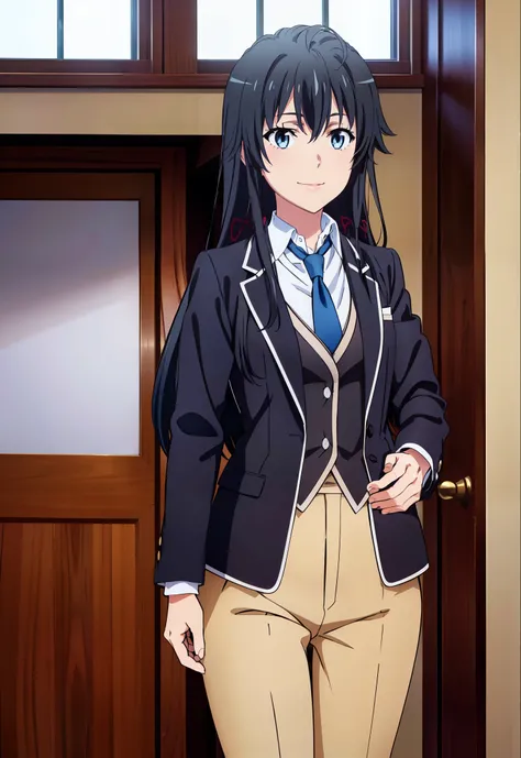 Best quality, masterpiece, highres,Yukinoshita yukino ,woman in formal attractive tailcoat standing in a large alcove in the room , 1girl, solo, blue necktie, black hair, blue eyes, long hair, smile , collared shirt, white pants, white shirt , tailored tai...