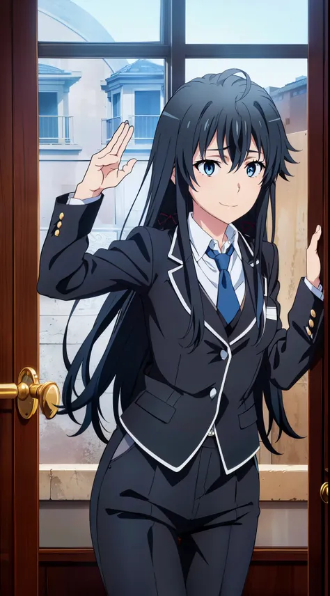 Best quality, masterpiece, highres,Yukinoshita yukino ,woman in formal attractive tailcoat standing in a large alcove in the room , 1girl, solo, blue necktie, black hair, blue eyes, long hair, smile , collared shirt, white pants, white shirt , tailored tai...