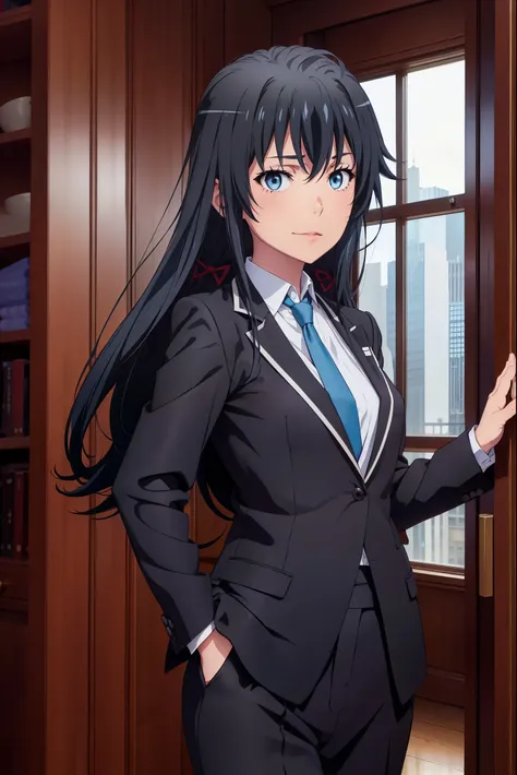 Best quality, masterpiece, highres,Yukinoshita yukino ,woman in formal attractive tailcoat standing in a large alcove in the room , 1girl, solo, blue necktie, black hair, blue eyes, long hair, smile , collared shirt, white pants, white shirt , tailored tai...