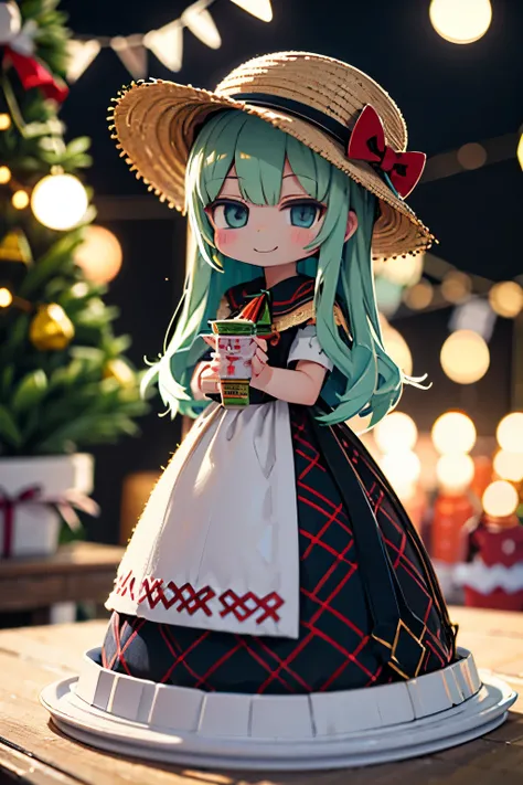 longshot、Doll wearing a dress and straw hat、pop-up parade figures、Christmas tree on background、Strong bokeh、I'm the best、a smile