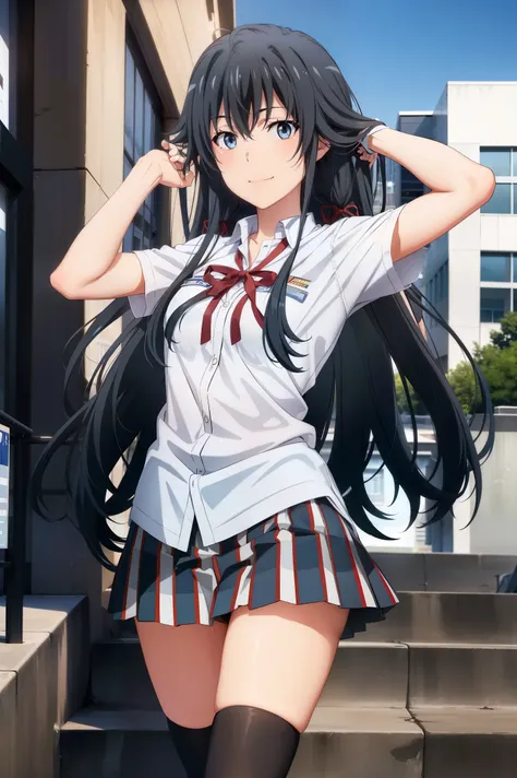 Best quality, masterpiece, highres, 1girl, yukinoshita yukino , school uniform, Plaited skirt, long hair, red ribbon, white shirt, black jacket, Thigh socks , blue eyes, boobs, Standing, smile, school background