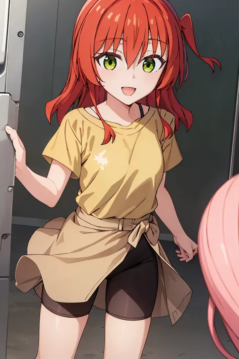 Room, 1 girl, best quality, ultra high res, long hair, red hair, green eyes, shirt, yellow shirt, short sleeves, bike shorts, looking at viewers, small breast, standing, pov, slim body, loli body, small body, smile, open mouth