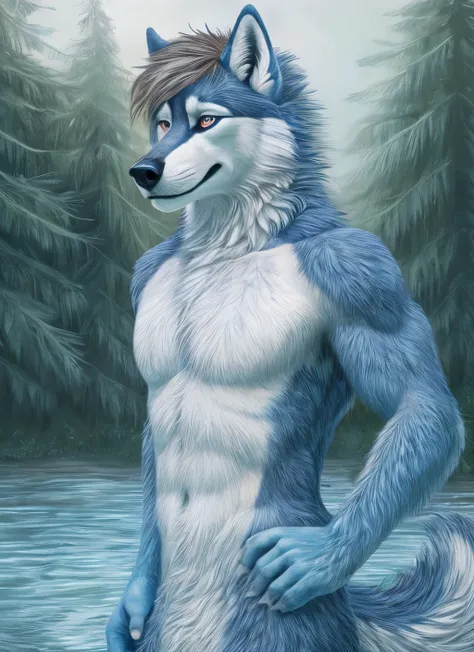 anthro husky man furry in the forest shirtless detailed fur long fur realistic fur digital art