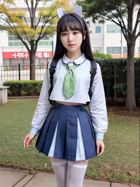 masterpiece, best quality, highres, 1girl miyu, school uniform skirt white pantyhose, realistic, cosplayer, outdoor, standing, k...