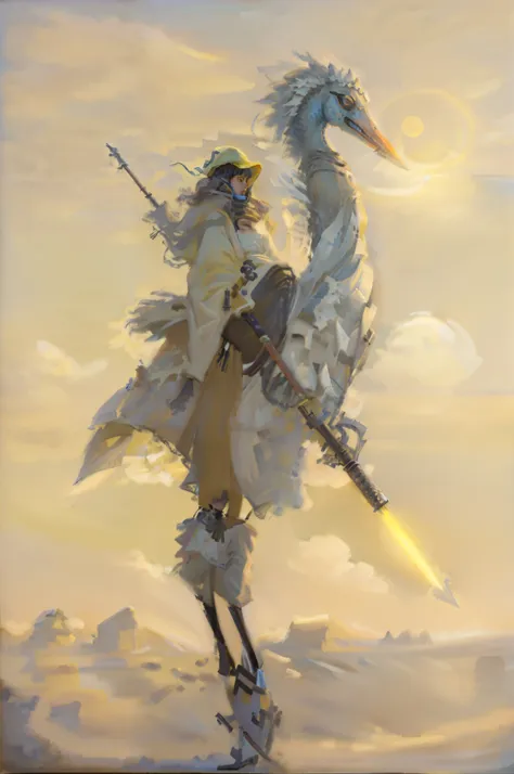 a man wrapped in a long dusy dull yellow robe wearing grey nonreflective goggles he holds a extreme long spire sword rifle combi...