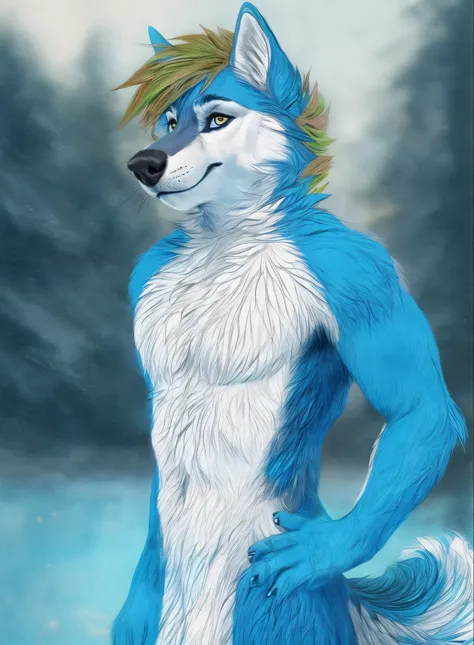 anthro husky man furry detailed fur long fur long hair realistic fur digital art