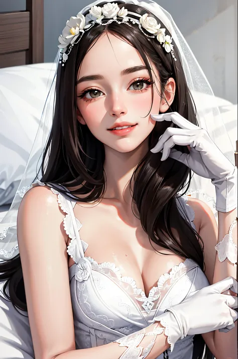 (tmasterpiece: 1.2, Best quality at best), (real photograph, finely detailled), A woman who is, Wearing a white wedding dress, Alone, short glove, Big breasts corset, Casual, long whitr hair,  cosmetics, (Hold your face with your hands: 1.2), Natural fabri...