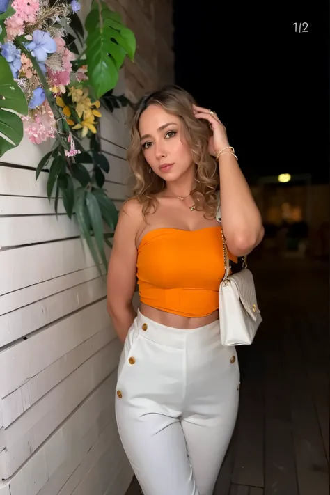 Da ist eine Frau, die vor einer Wand steht, white and orange, Orangefarbenes Neckholder-Top, wearing a sexy cropped top, orange and white, Crop-Oberteil, white and orange breastplate, Croptop, Profilbild, Orangetöne, glowing, wearing yellow Croptop, Lorena...