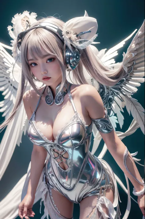 Cyborg, girl, 美丽的girl, cute big breasts, sexy for, strong, Elongated, Exquisite, ssmile, (Lolita costume), high legs, Metallic, ultra color, paisley, Hats, datura, near future, a paradise, angelicales, merit, wings, Helix lamp