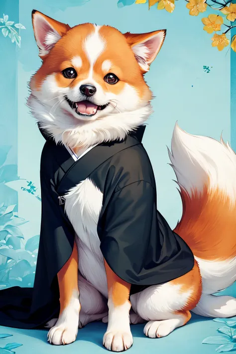 Shiba dog(pup、A black、Round eyes、kimono)
Background with(Green and blue)