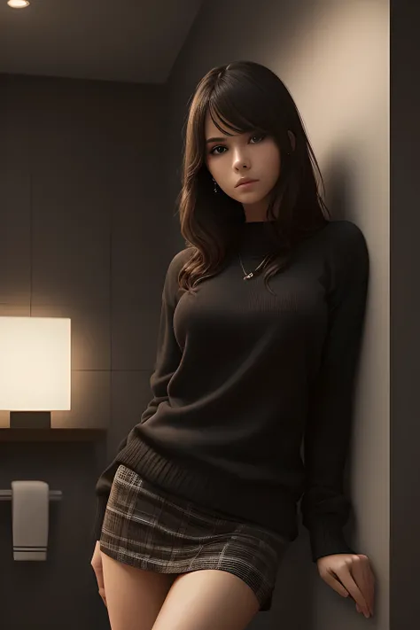 Good-looking woman in a black sweater and checked miniskirt in the toilet hall, serious facial expression, Volumetric lighting, Real life, highly Detailed, Photography, Low contrast, (Best Quality, masutepiece, hight resolution:1.3), Detailed,