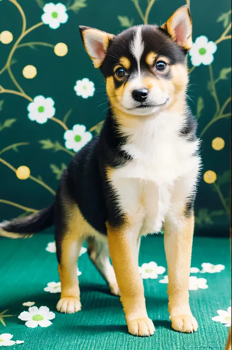 Shiba dog(pup、A black、Round eyes、Kimono)
Background with(Green and blue)